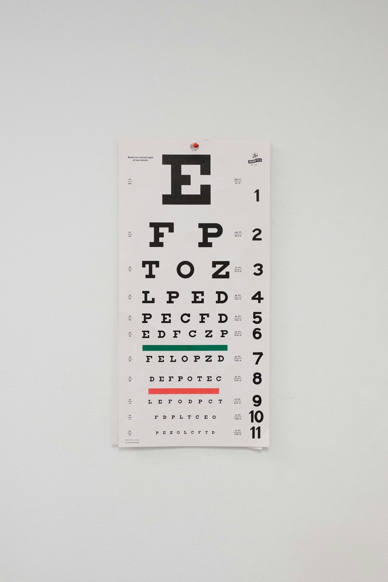 Échelle de lecture à lettres de tailles décroissantes accrochée sur un mur clair