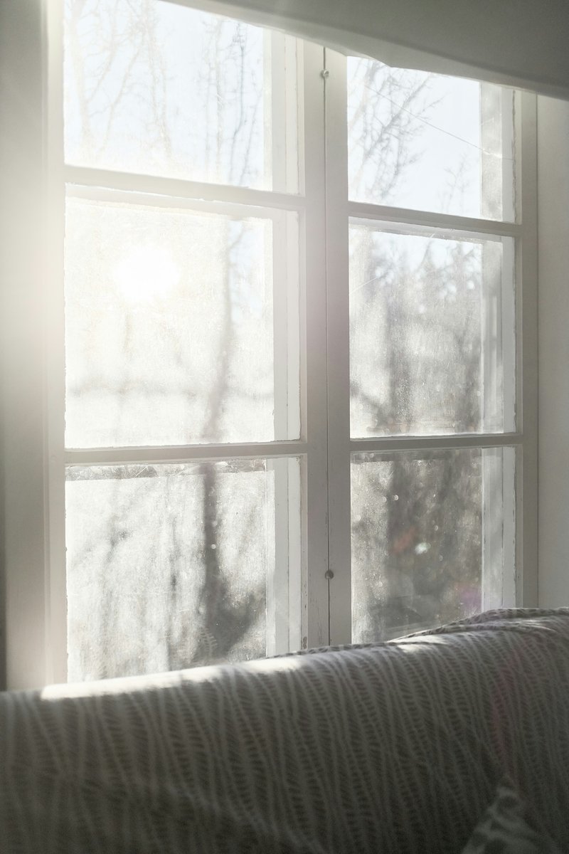 Fenêtre à petits bois baignée par le soleil d'hiver, avec un canapé au premier plan